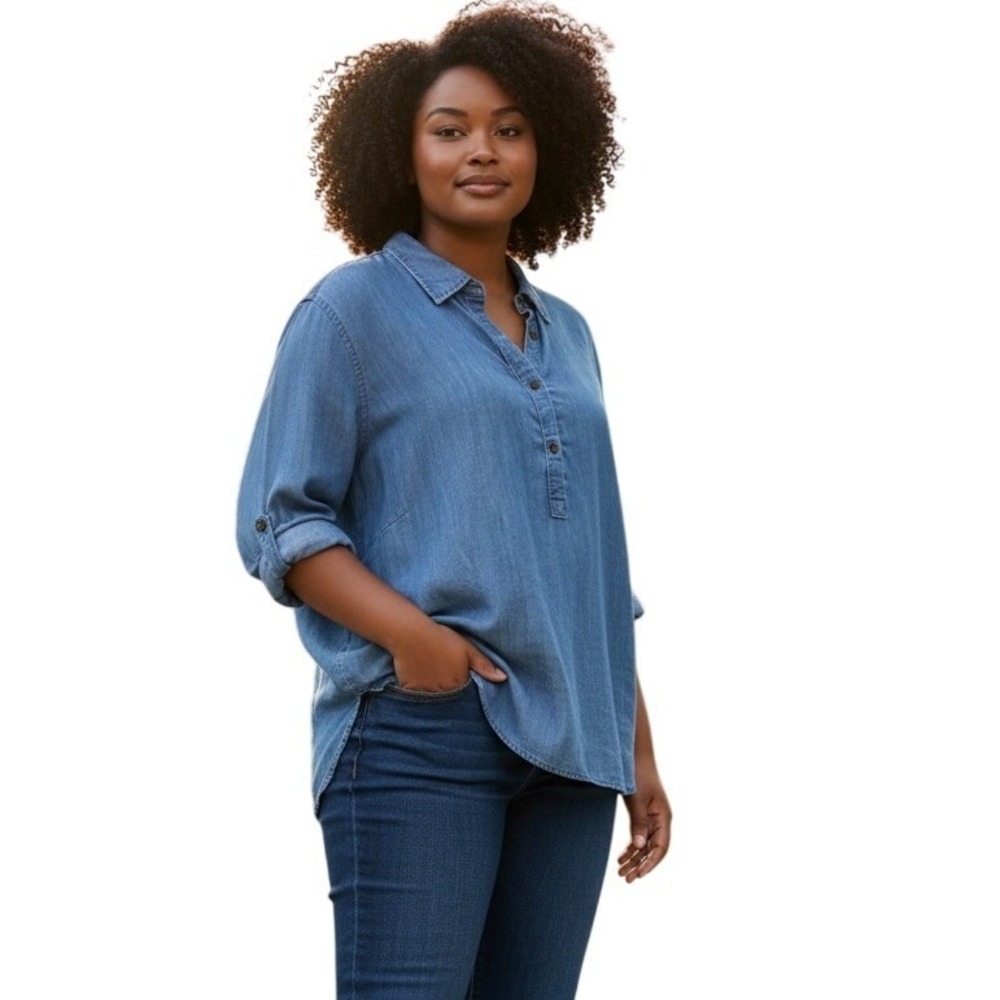 LANDS END Denim Chambray Tunic Shirt Top 2X Blue Lyocell Coastal Travel Classic
